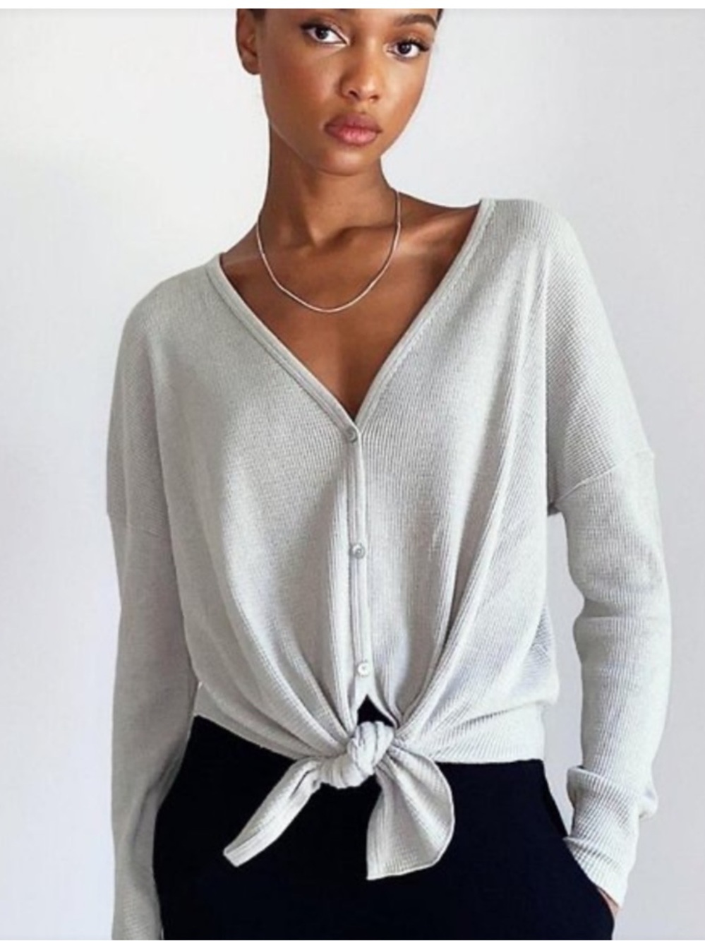 Babaton White V-Neck Tie-Front Sweater